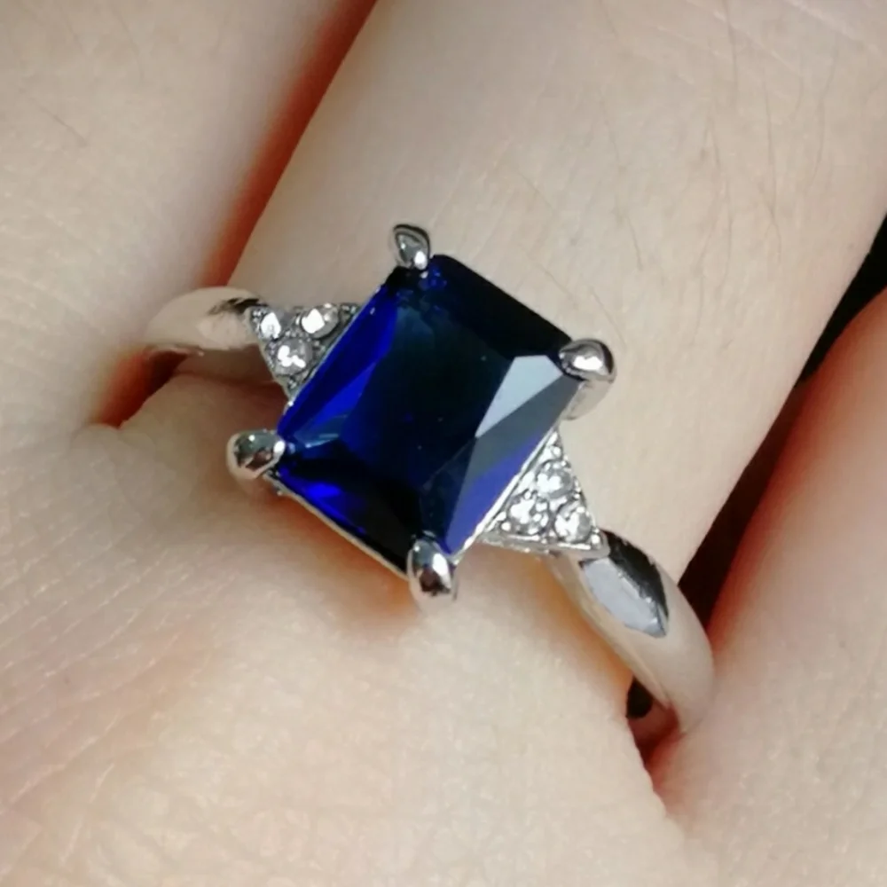 NEW Blue Sapphire and Silver Ring with CZ stones